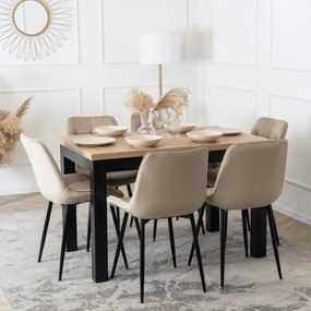 Zestaw Stół Rozkładany SKUBI 120-160 cm Dąb Craft/Czarny i 6 Krzeseł Tapicerowanych CHRIS Beżowych Nowoczesnych