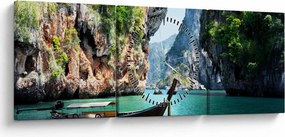 Obraz - Wodny śródziemnomorski krajobraz z łodzią (z zegarem) (90x30 cm)
