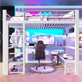 Łóżko piętrowe metalowe dla dzieci - 140 x 200 cm - z oświetleniem LED + półki + biurko + suszarka na ubrania - białe