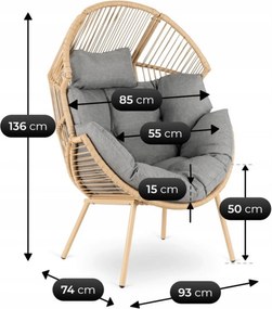 Fotel ogrodowy kokon Zafira technorattan, boho, szara poduszka