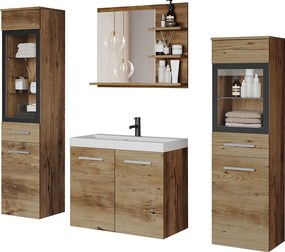 Komplet łazienkowy, wiszące meble z umywalką, 2 słupki i lustro z półkami, kasztan mat