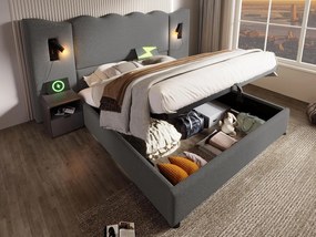 Łóżko do przechowywania 180x200cm z lnu - z lampką do czytania i funkcją ładowania - z stelażem na listwy - Szary