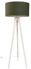 Lampa podłogowa trójnóg biała z materiałowym abażurem ciemnozielonym 50 cm - Tripod Classic Rustykalny / Vintage Oswietlenie wewnetrzne