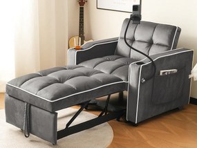 Fotel rozkładany z weluru - z uchwytem na kubek + uchwytem na telefon komórkowy - Szary