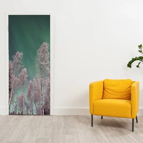 Fototapeta na drzwi - Zorza polarna nad zamarzniętymi drzewami (95x205cm)