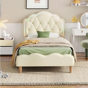 Łóżko tapicerowane 90 x 200 cm z wezgłowiem i kolorowymi paskami LED - skóra ekologiczna - białe