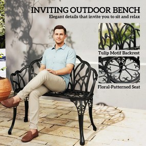 Outsunny Ławka ogrodowa 2-osobowa z odlewanego aluminium odporna na warunki atmosferyczne, z oparciem w kształcie tulipanów i motywem kwiatowym 99 x 57 x 78 cm | Aosom PL