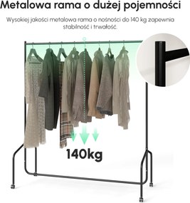 Outsunny Mobilny stojak na ubrania, wieszak na kółkach wytrzymały praktyczny czarny kolor 150x60x150-170cm