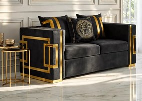 Sofa Magnelio 2-osobowa czarna welurowa z złotymi detalami – styl glamour
