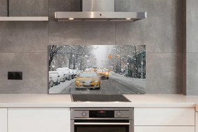 Panel szklany do Kuchni Zimowe Miasto i Samochody