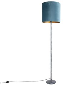 Lampa stojąca antyczny szary z aksamitnym abażurem niebieskim 40 cm - Simplo Retro Oswietlenie wewnetrzne