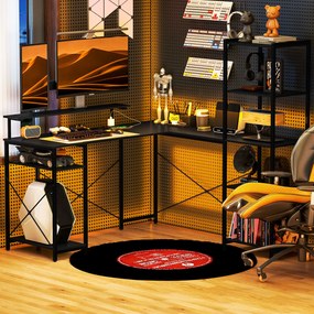 HOMCOM Biurko narożne L-kształtne z ładowarką, komputer stół narożny z podstawką pod monitor i półkami, do domowego biura, czarne