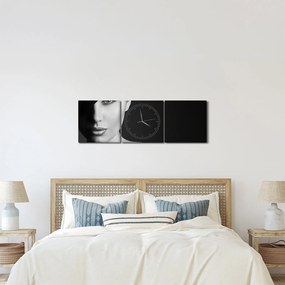 Obraz - Czarno - biały portret kobiety w kapeluszu (z zegarem) (90x30 cm)