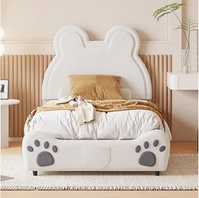 Łóżko tapicerowane z wezgłowiem 90 x 200 cm - kształt misia - aksamit - białe