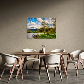 Obraz na szkle łodzi nad jeziorem (70x50 cm)