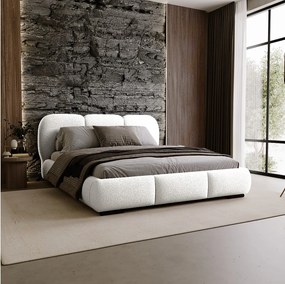 BESILIO Łóżko z pojemnikiem i stelażem 140x200 Holi- łóżko podwójne tapicerowane, tkanina boucle, baranek - Biały