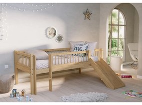 Podwyższone łóżko dziecięce z litego drewna bukowego ze zjeżdżalnią ze stelażem 90x200 cm w naturalnym kolorze Forrest – Vipack