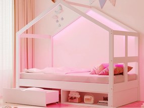Łóżko domek dziecięcy 90x190 cm - z 1 szufladą - z oświetleniem LED - stelaż lamelowy - biały​ (materac nie jest wliczony w cenę)