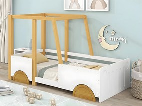 Łóżko dziecięce z litego drewna sosnowego 90x200cm - w kształcie jeep'a - Białe i Naturalne