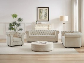 Kanapa 3-osobowa, 2-osobowa i fotel z beżowego weluru - CHESTERFIELD