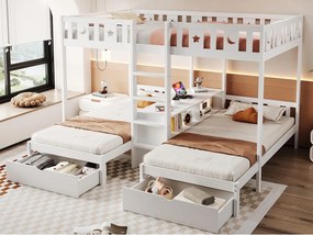 Łóżko piętrowe 90x200 + 140x200cm - z 2 szufladami - z barierkami bezpieczeństwa - biały (materac nie jest wliczony w cenę)