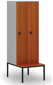 Drewniana szafa ubraniowa S4 z ławką, 2-drzwiowa, 1871 x 600 x 500/800 mm, demontaż, zamek RFID, szary/czereśnia