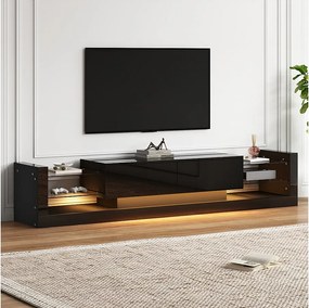 Czarna szafka RTV z 2 drzwiczkami i szklanymi półkami, oświetlenie LED - do salonu i biura