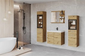 Meble łazienkowe z LED, zestaw wiszący do łazienki z umywalką, 2 słupkami i szafką lustrzaną, dąb artisan
