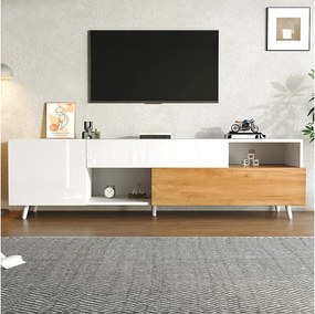 Szafka RTV 180 cm z 2 drzwiczkami, 2 schowkami i 1 szufladą - Biała i naturalne drewno