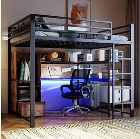 Łóżko piętrowe dla dzieci - 140 x 200 cm - z szafą + oświetlenie LED + biurko + 1 szuflada - płyta MDF + metal - czarne