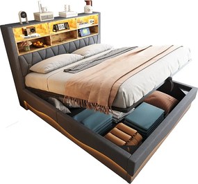 Łóżko tapicerowane ze schowkiem - 180 x 200 cm - schowek hydrauliczny - z diodami LED + USB - Len + Metal + Sklejka + MDF - szare