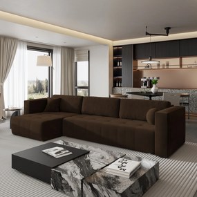 Masseno Narożnik OLVERA z funkcją spania i pojemnikiem na pościel Narozniki L, Rozkładana sofa - Brązowy, KRONOS 06