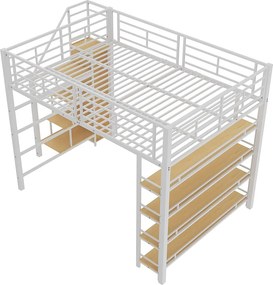 Łóżko mezzanine 140x200 cm - z małą szafą i półkami do przechowywania - Białe