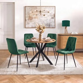 Zestaw Stół Okrągły LAUREN 90 cm Dąb Złoty/Czarny i 4 Krzesła ROBIN Zielone