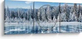 Obraz zamarzniętego jeziora i pokrytych śniegiem drzew (z zegarem) (90x30 cm)