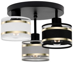 Lampa sufitowa czarna trzypunktowa z szaro-czarno-białymi abażurami T-