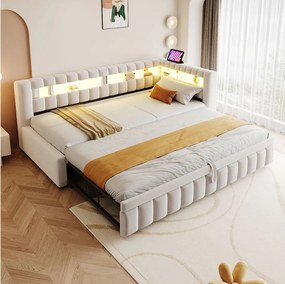 Łóżko tapicerowane wysuwane 90 x 200 cm + 90 x 190 cm z przegródkami, oświetleniem LED i portami USB - Aksamit + metal - Beżowe (Materac nie jest wliczony w cenę)