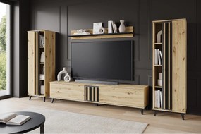 Meblościanka 180 cm do salonu na nóżkach – nowoczesny zestaw RTV z regałami i półką, dąb artisan, czarny mat