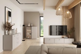 Szafka RTV Lorini 200 cm z szufladami - kaszmir / czarne uchwyty T-bar