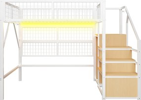 Łóżko piętrowe metalowe dla dzieci - 140 x 200 cm - z szafą + oświetlenie LED + schowek w schodach - MDF + Metal - białe