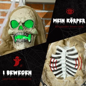 HOMCOM Dekoracja Halloween, Wiszący Szkielet, Świecąca Głowa, Przerażające Wycie, Giętkie Ramiona, Khaki