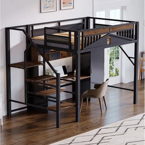 Łóżko piętrowe metalowe - 140 x 200 cm - z barierką + drabinką bezpieczeństwa - drewno + metal - czarne