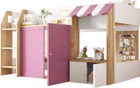 Łóżko dziecięce 90x200 cm - 4 drzwi - Z drabinką - ​​Biały + Różowy​​ (materac nie jest dołączony)