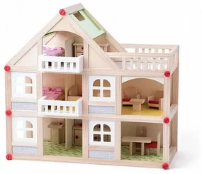 Woody Domek dwupiętrowy z balkonem i akcesoriami, 55 x 26 x 51,5 cm