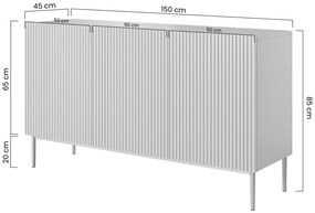 Komoda Nicole 150 cm trzydrzwiowa z ryflowanym frontem - kaszmir / złote nóżki