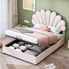 Łóżko ze schowkiem 140x200 cm - beżowy aksamit - łóżko dla dorosłych z regulowanym zagłówkiem i stelażem - bez materaca