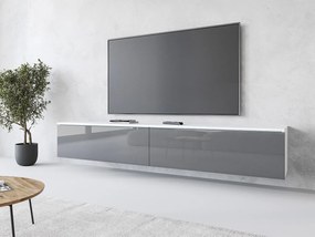 Nowoczesna szafka RTV 180 cm do salonu z LED – 2-drzwiowa, bezuchwytowa, korpus biały mat, fronty szary połysk, stojąca lub wisząca