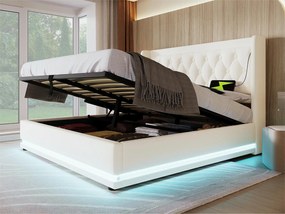 Łóżko tapicerowane 180 x 200 cm z ekoskóry - z funkcją ładowania i LED u stóp łóżka - Białe