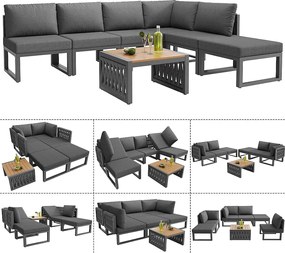 Salon ogrodowy, zestaw mebli, lin, na 5 osób - kanapa narożna - stolik kawowy i drewniany blat - z żelaza ocynkowanego, Szary