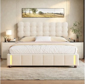 Łóżko z pojemnikiem dla dorosłych 140x200 cm kremowy biały aksamit z przechowywaniem, podnoszeniem hydraulicznym i wbudowanym oświetleniem LED